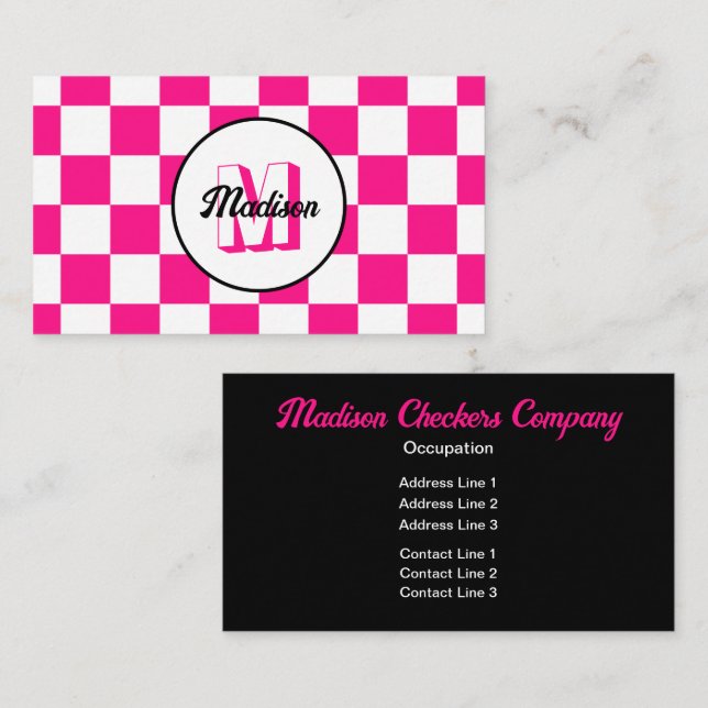 Checkered squares hot pink white retro Monogram Business Card (Front/Back)