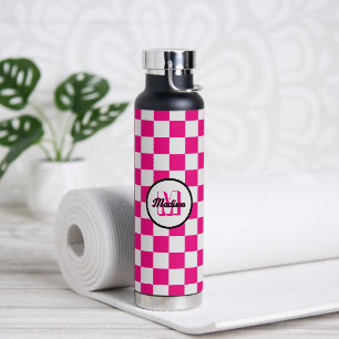 Checkered squares hot pink white retro Monogram Water Bottle