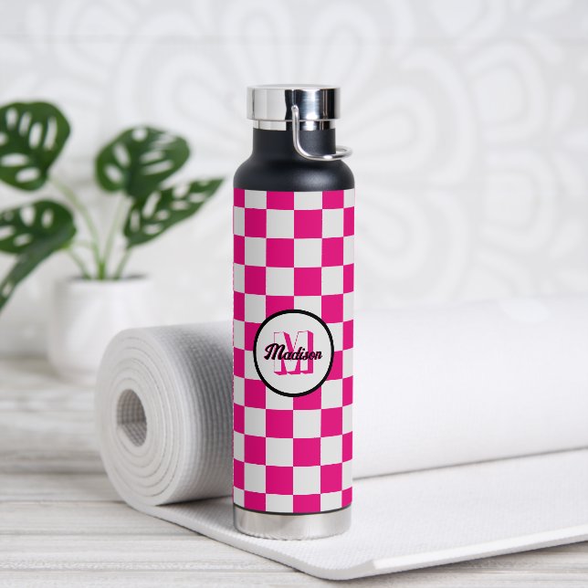 Checkered squares hot pink white retro Monogram Water Bottle (Yoga)