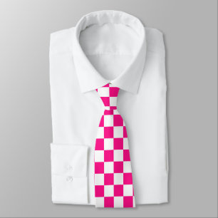 Checkered squares hot pink white retro neck tie
