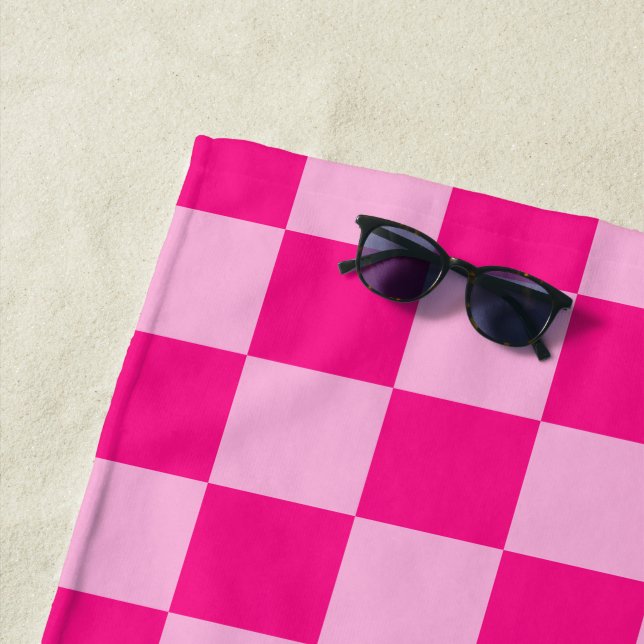 Checkered squares light hot pink geometric retro beach towel (In Situ)