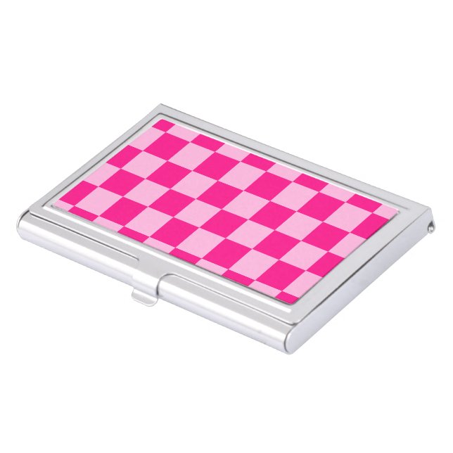 Checkered squares light hot pink geometric retro business card case (Front)