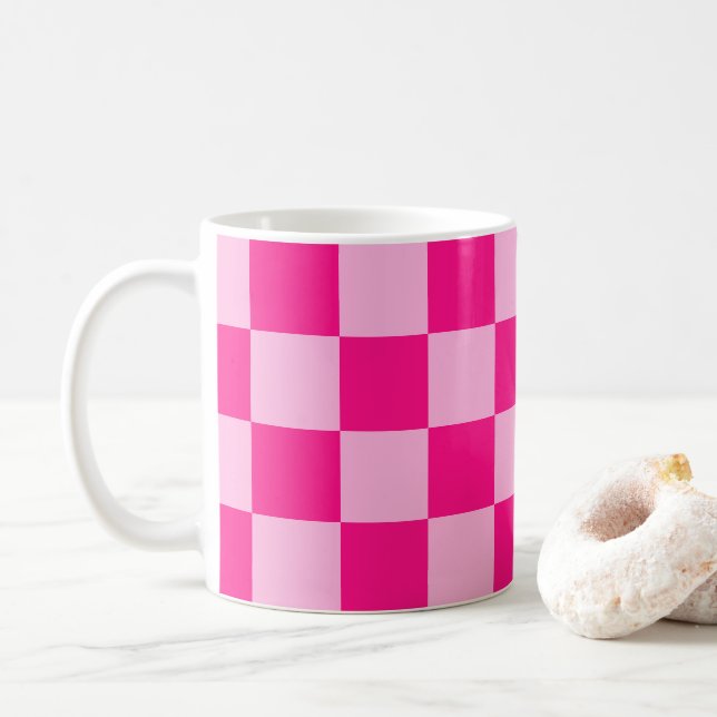 Checkered squares light hot pink geometric retro coffee mug (With Donut)