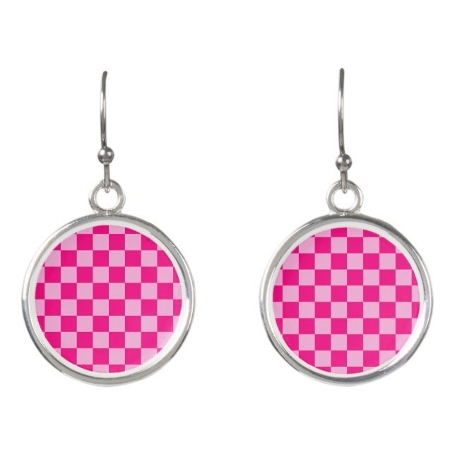 Checkered squares light hot pink geometric retro earrings (Front)