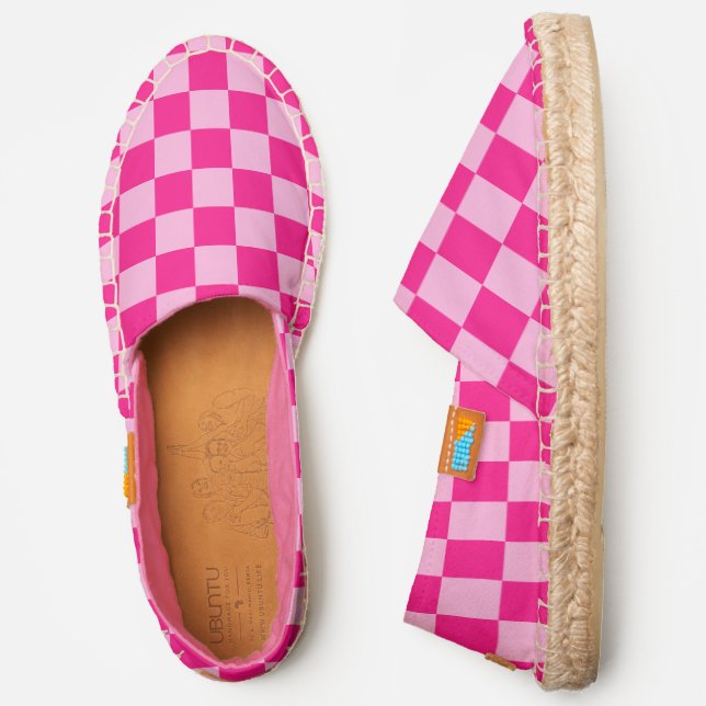 Checkered squares light hot pink geometric retro espadrilles (Side)