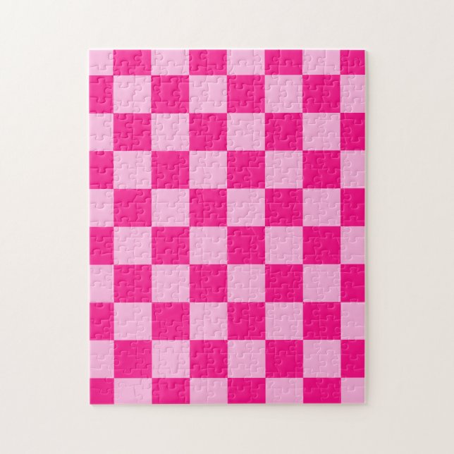 Checkered squares light hot pink geometric retro jigsaw puzzle (Vertical)
