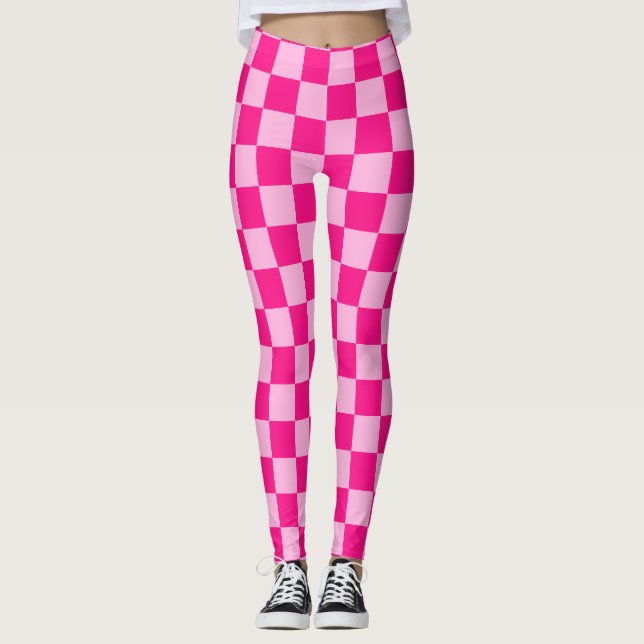Checkered squares light hot pink geometric retro leggings (Front)