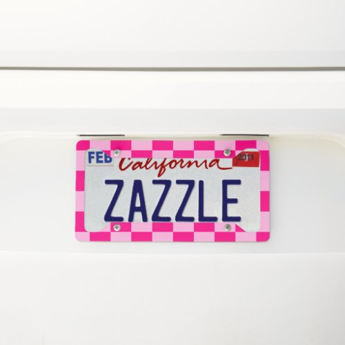 Checkered squares light hot pink geometric retro license plate frame