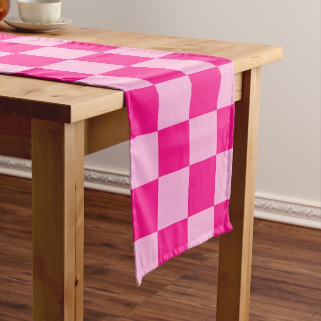 Checkered squares light hot pink geometric retro long table runner (In Situ)