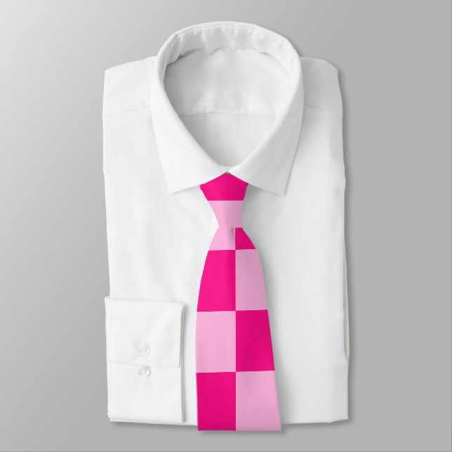 Checkered squares light hot pink geometric retro neck tie (Tied)