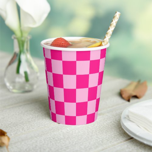 Checkered squares light hot pink geometric retro paper cups