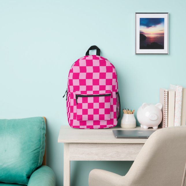 Checkered squares light hot pink geometric retro printed backpack (Insitu)