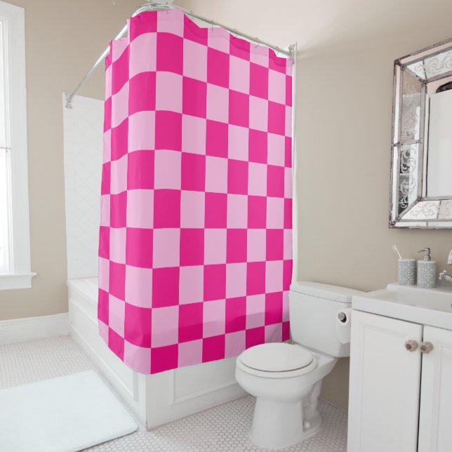 Checkered squares light hot pink geometric retro shower curtain (In Situ)