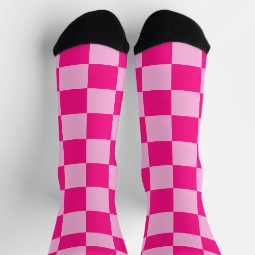 Checkered squares light hot pink geometric retro socks