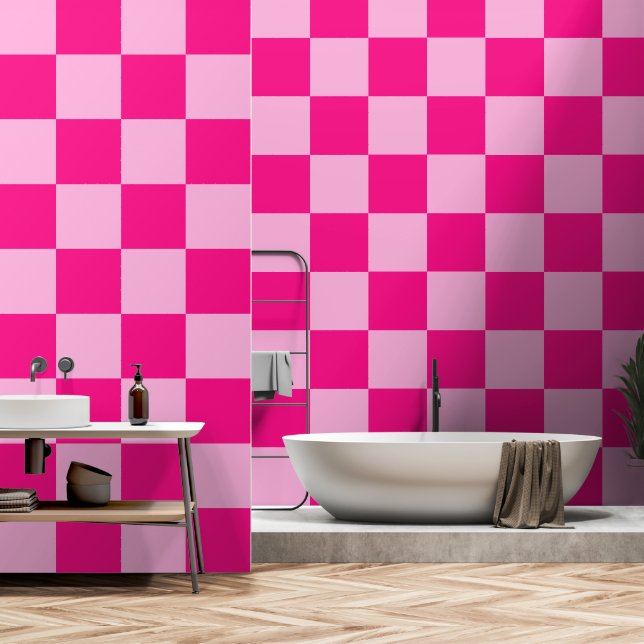 Checkered squares light hot pink geometric retro wallpaper  (Bathroom)