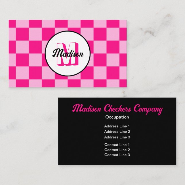 Checkered squares light hot pink retro Monogram Business Card (Front/Back)