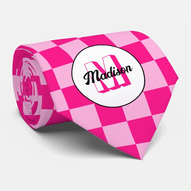 Checkered squares light hot pink retro Monogram Neck Tie (Rolled)