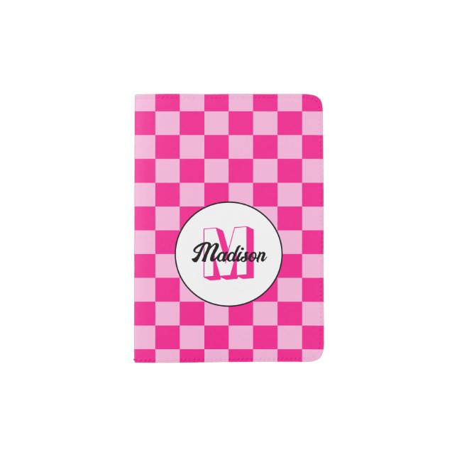 Checkered squares Light Hot pink retro Monogram Passport Holder (Front)