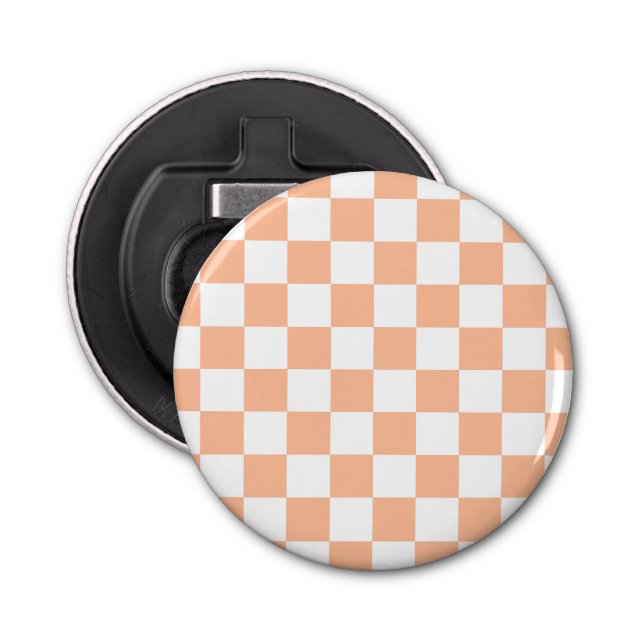Checkered squares peach and white geometric retro bottle opener (Front)