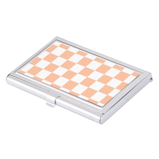 Checkered squares peach and white geometric retro business card case (Front)