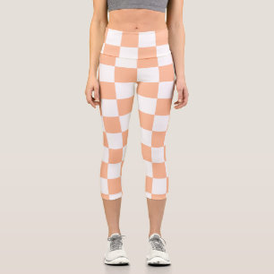 Checkered squares peach and white geometric retro capri leggings