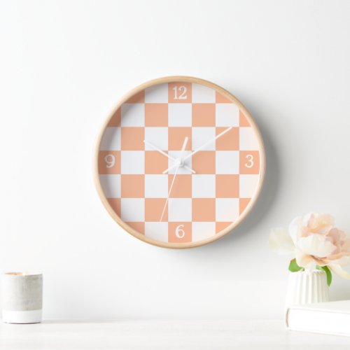 Checkered squares peach and white geometric retro clock