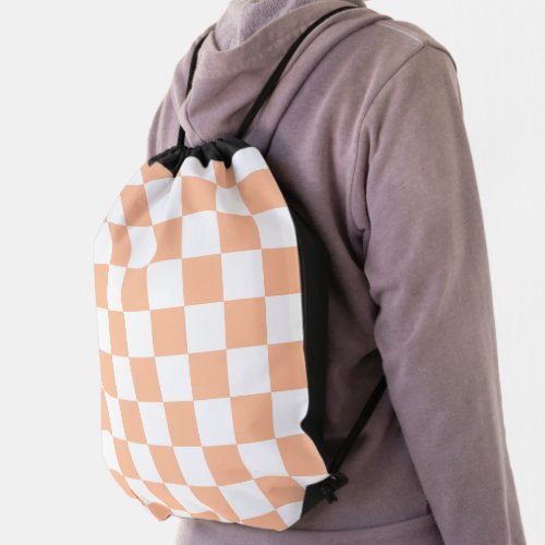 Checkered squares peach and white geometric retro drawstring bag