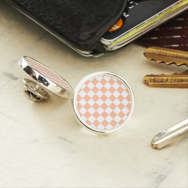 Checkered squares peach and white geometric retro lapel pin (In Situ)