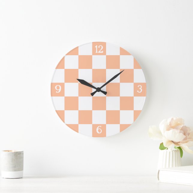 Checkered squares peach and white geometric retro large clock (Home)