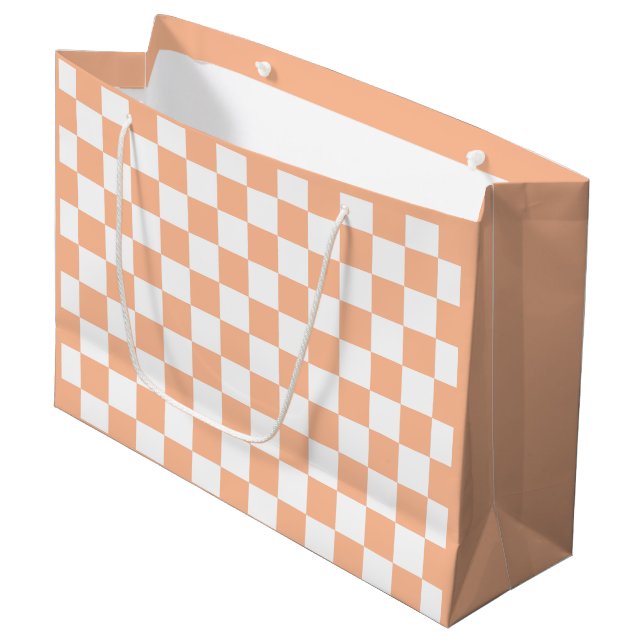 Checkered squares peach and white geometric retro large gift bag (Front Angled)