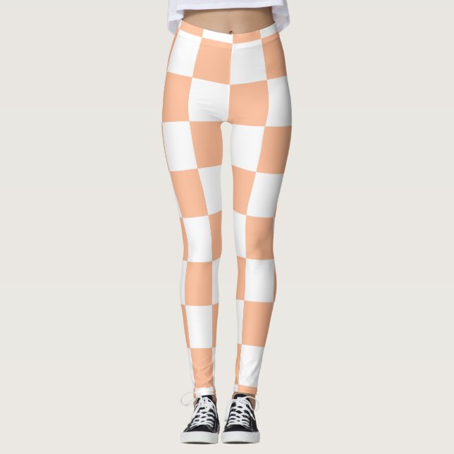 Checkered squares peach and white geometric retro leggings (Front)
