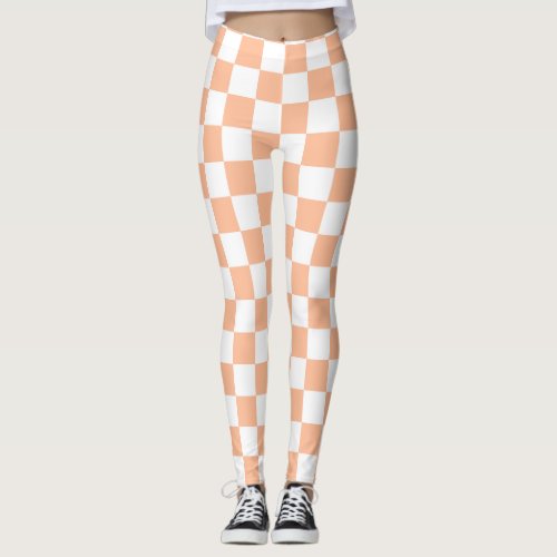 Checkered squares peach and white geometric retro leggings