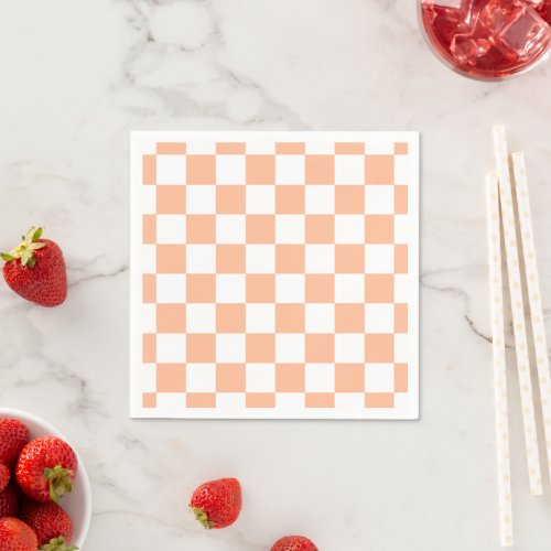 Checkered squares peach and white geometric retro napkins