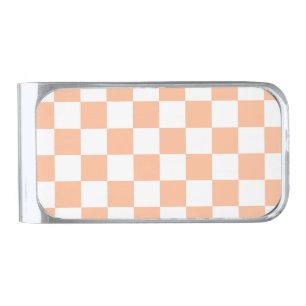 Checkered squares peach and white geometric retro silver finish money clip