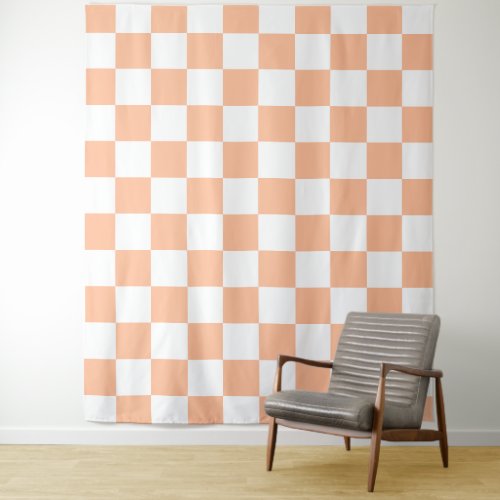 Checkered squares peach and white geometric retro tapestry