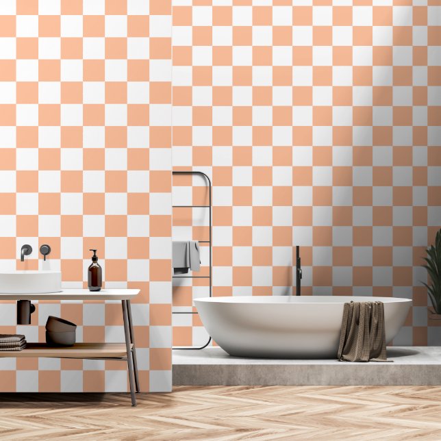 Checkered squares peach and white geometric retro wallpaper  (Bathroom)