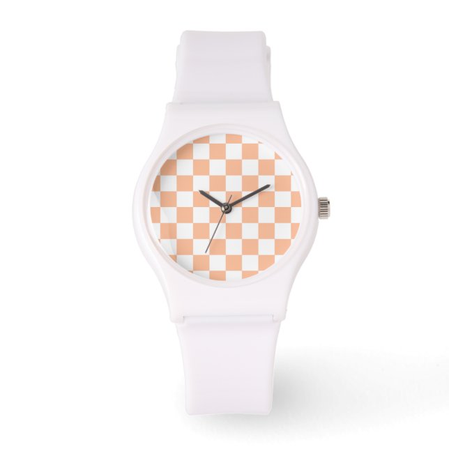 Checkered squares peach and white geometric retro watch (Front)
