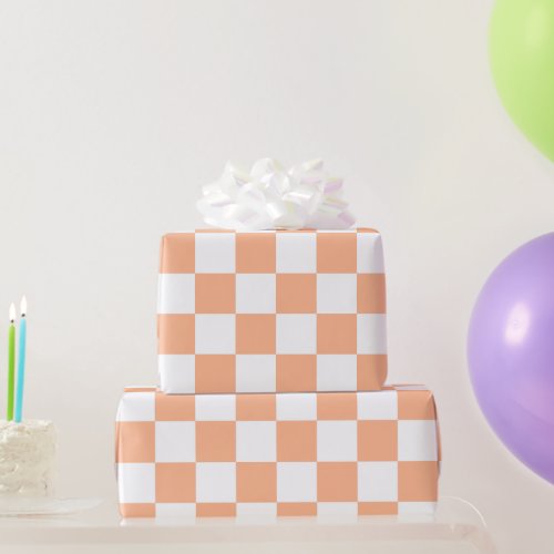 Checkered squares peach and white geometric retro wrapping paper