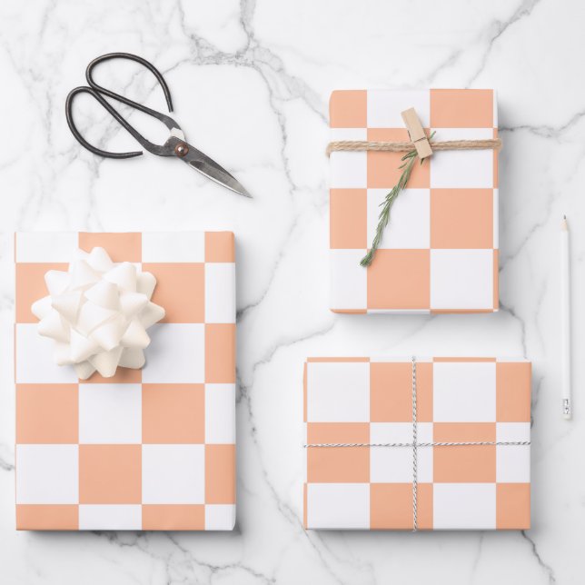 Checkered squares peach and white geometric retro wrapping paper sheets (Front)