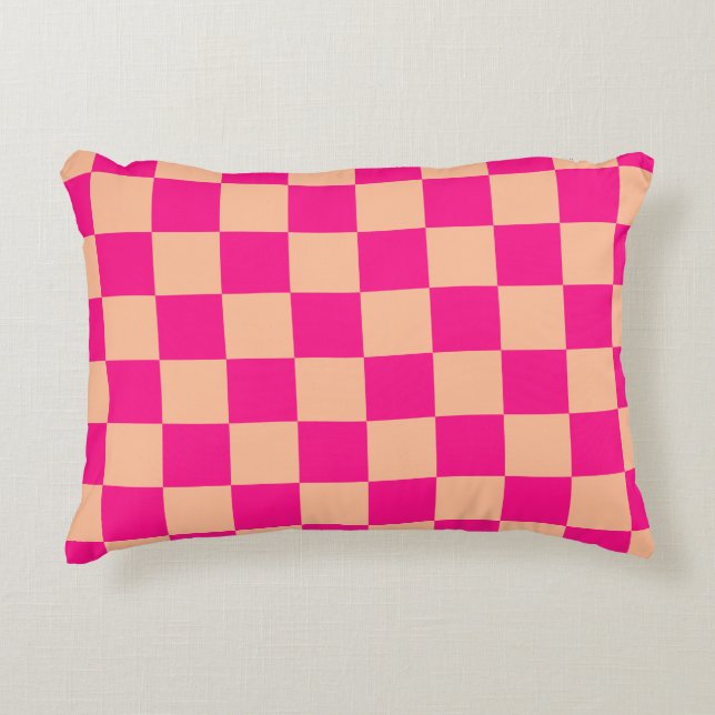 Checkered squares peach hot pink geometric retro accent pillow (Front)