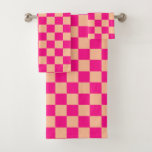 Checkered squares peach hot pink geometric retro bath towel set