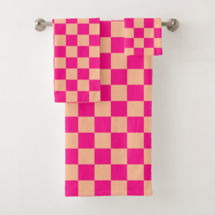 Checkered squares peach hot pink geometric retro bath towel set