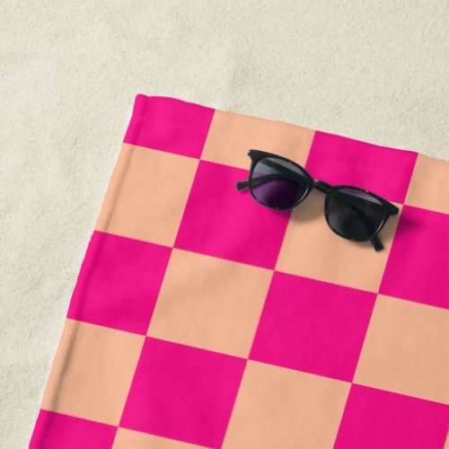 Checkered squares peach hot pink geometric retro beach towel
