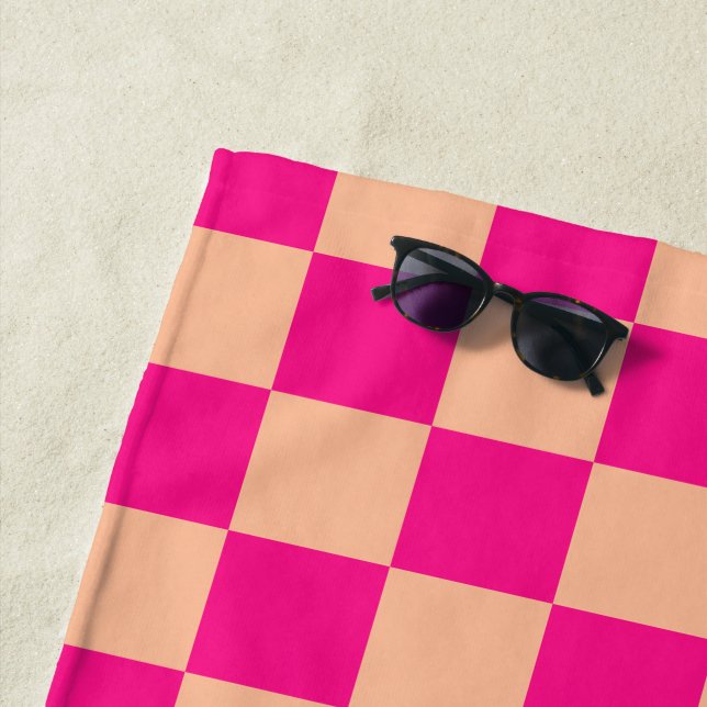 Checkered squares peach hot pink geometric retro beach towel (In Situ)