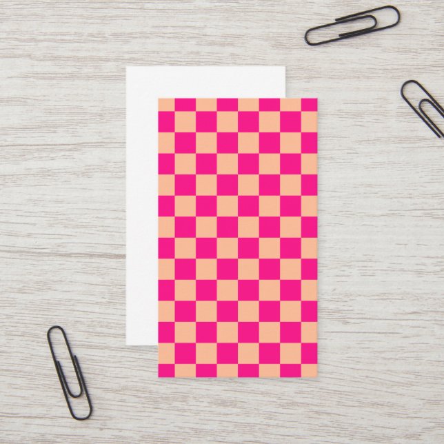 Checkered squares peach hot pink geometric retro business card (Front/Back In Situ)