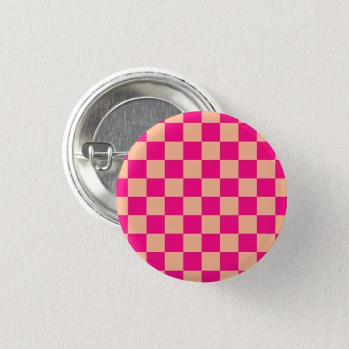 Checkered squares peach hot pink geometric retro button