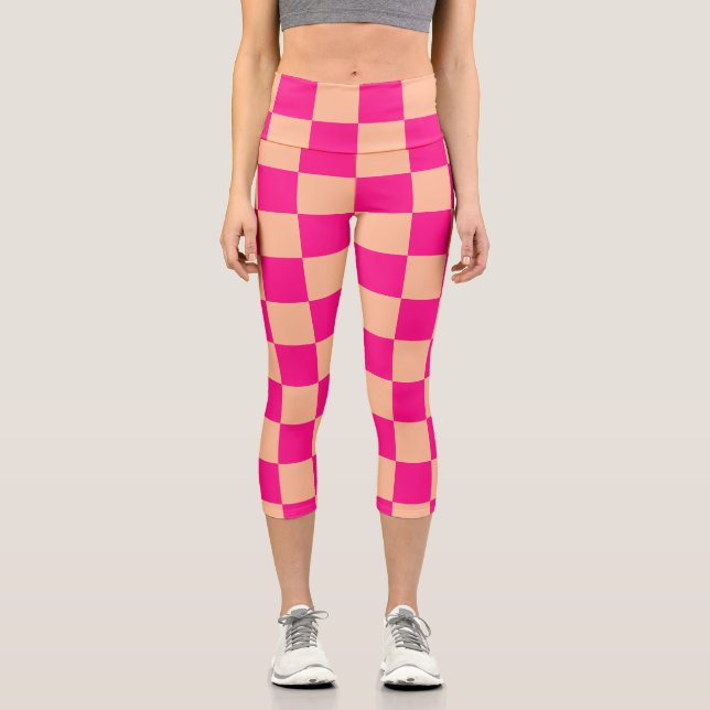 Checkered squares peach hot pink geometric retro capri leggings (Front)