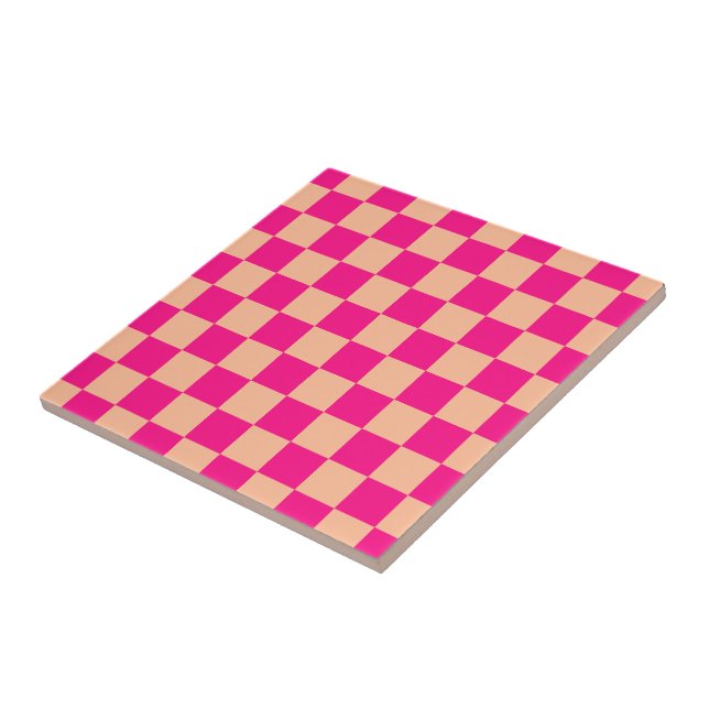 Checkered squares peach hot pink geometric retro ceramic tile (Side)
