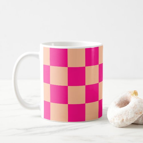 Checkered squares peach hot pink geometric retro coffee mug