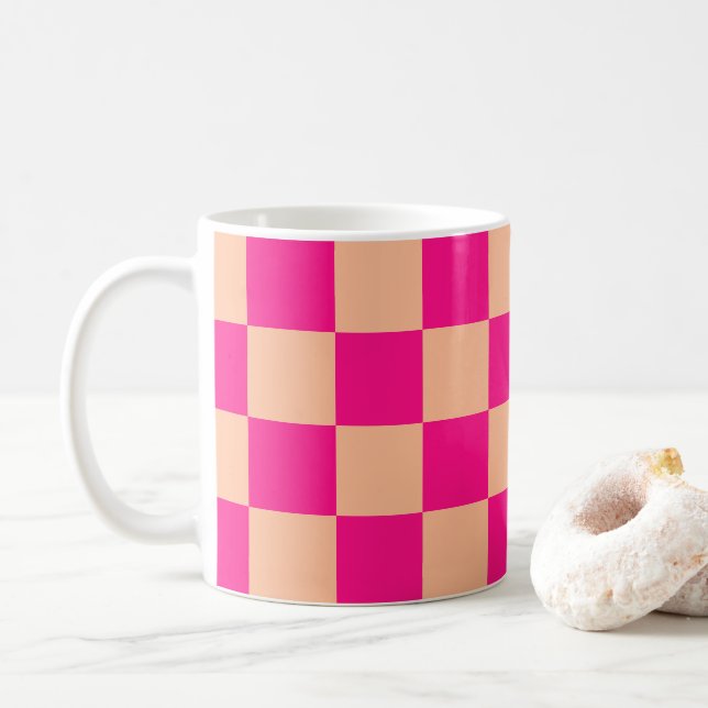 Checkered squares peach hot pink geometric retro coffee mug (With Donut)